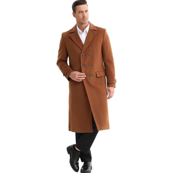 Men's Camel Luxury Full Length Trench Coat Long Wool Overcoat Winter Windbreaker - Picture 4 of 7